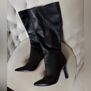 Gianni Bini Women’s Black Leather Knee High Boots Pointed Toe Heel. 9M. Zip Side